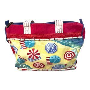 Colorful Beach Themed Canvas Tote Bag Red & White Striped Handles Paul Brent